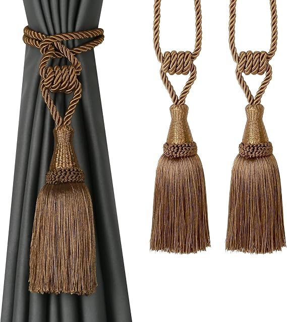 BEL AVENIR 2 Pack Tassel Curtain Tiebacks Handmade Holdbacks (Coffee) | Decorative Tie Backs for Curtains Drape