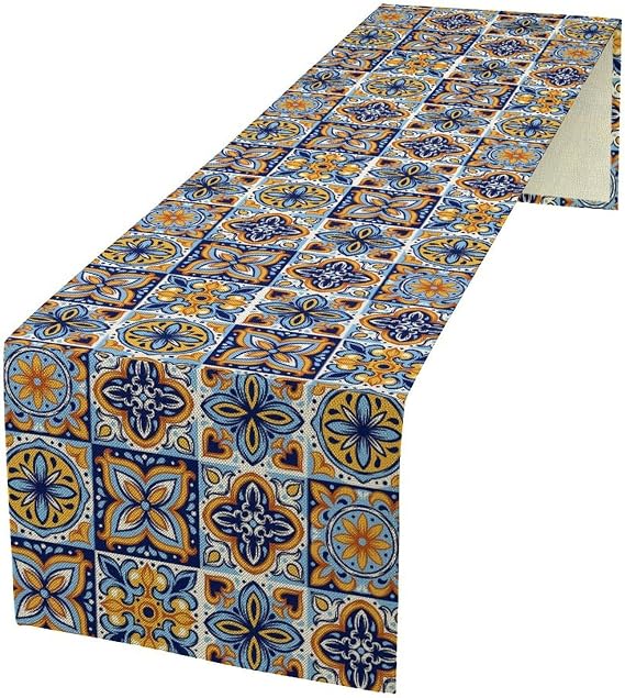 Mexican Table Runner,Talavera Ceramic Tile Rustic Dia De Los Muertos Home Table Decor for Dresser Coffee Table Dining Indoor Kitchen Wedding Holiday Picnic Party Camp Decoration 1336in