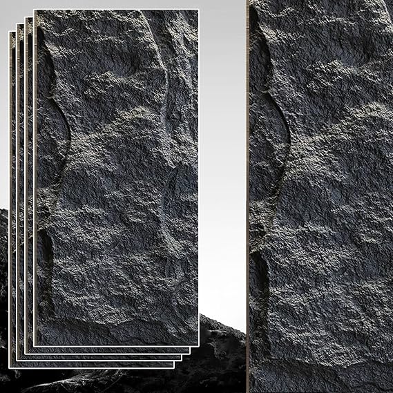 4-pack 3d Pu Stone Wall Panels for Interior Decor, Exterior Modern 3d Wall Panels - Faux Stone Look Wainscoting, Outdoor Imitation Stone Rock Wall Paneling(Black)