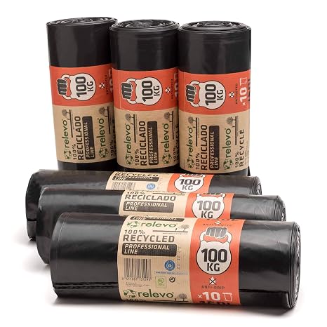 Relevo Professional Heavy Duty Black Bin Bags – 150L (Width 80 cm × Height 110 cm), 60 Bags (6 Rolls × 10 Bags) | Extra Strong & Leak-Proof | 75 µm (Microns) | 100% Recycled LDPE