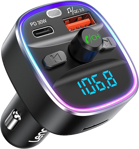 LENCENT Bluetooth 5.4 FM Transmitter Car Adapter 48W PD Fast Charging | PD 30W & 18W, 7 Color Light Wireless Radio Music Adapter Hands-Free Calling, Support USB Drive & TF Card