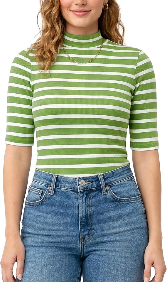 Zengjo Womens Striped Shirt Mock Neck Elbow Length Slim Fitted Short Sleeve Ribbed Turtleneck Tops