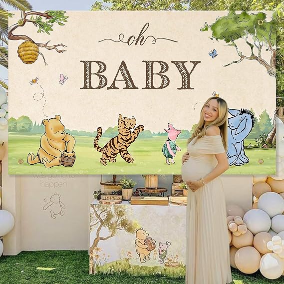 Neutral Classic Winnie Bear Baby Shower Decorations Backdrop 5x3Ft
