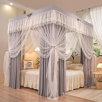 4 Corners Post Ruffle Luxurious Lace Princess Bed Canopy Curtain,Elegant Double Layer Cozy Drape Netting Bed Curtain for Twin Full Queen King Size Bed Drapes(Gray,180x200cm/Queen)
