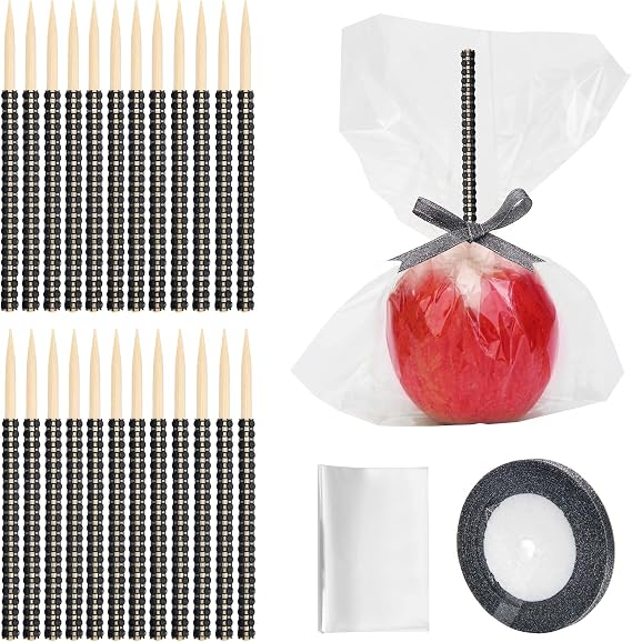 24P Candy Apple Stick Kit,Apple Rhinestone Bling Stick Wood Skewer | with 24P Bags/ 25 Yard Glitter Ribbon, for Caramel Lollipop Crispy Treat