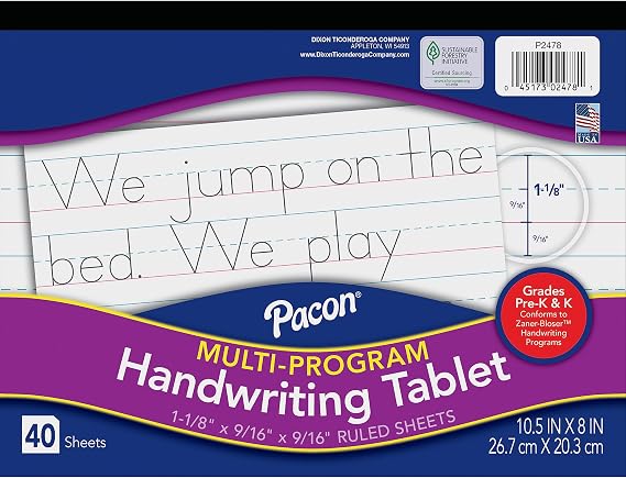 Pacon Handwriting Paper, Zaner-Bloser Grades Pre-K & K, 1-1/8" x 9/16" x 9/16" Ruled 10-1/2" x 8", Ruled Long, 40 Sheets