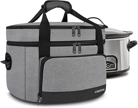 YOREPEK 2 Layer Slow Cooker Carrier, Compatible with 6, 7, 8 Quart Crock-Pot, Insulated Large Slow Cooker Travel Bag with Bottom Pad Lid Fasten Straps, for Family Gathering Potluck, Gifts for Women