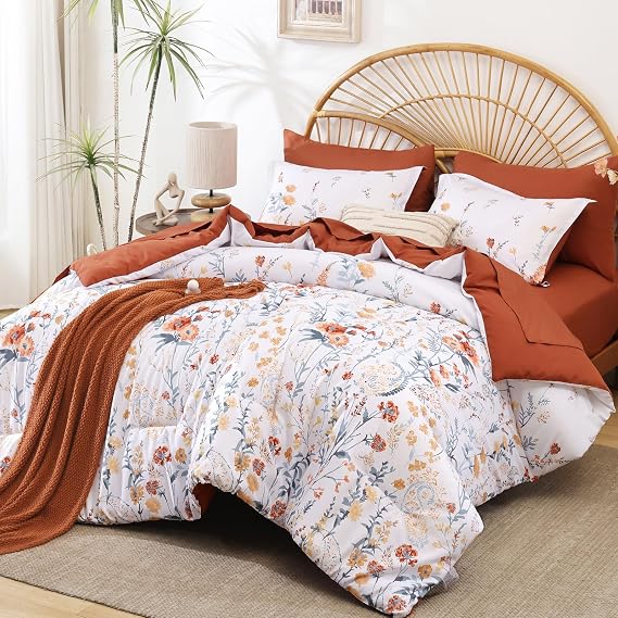 7 Piece Floral Full Size Comforter Set,Burnt Orange Cute Bedding for Girls