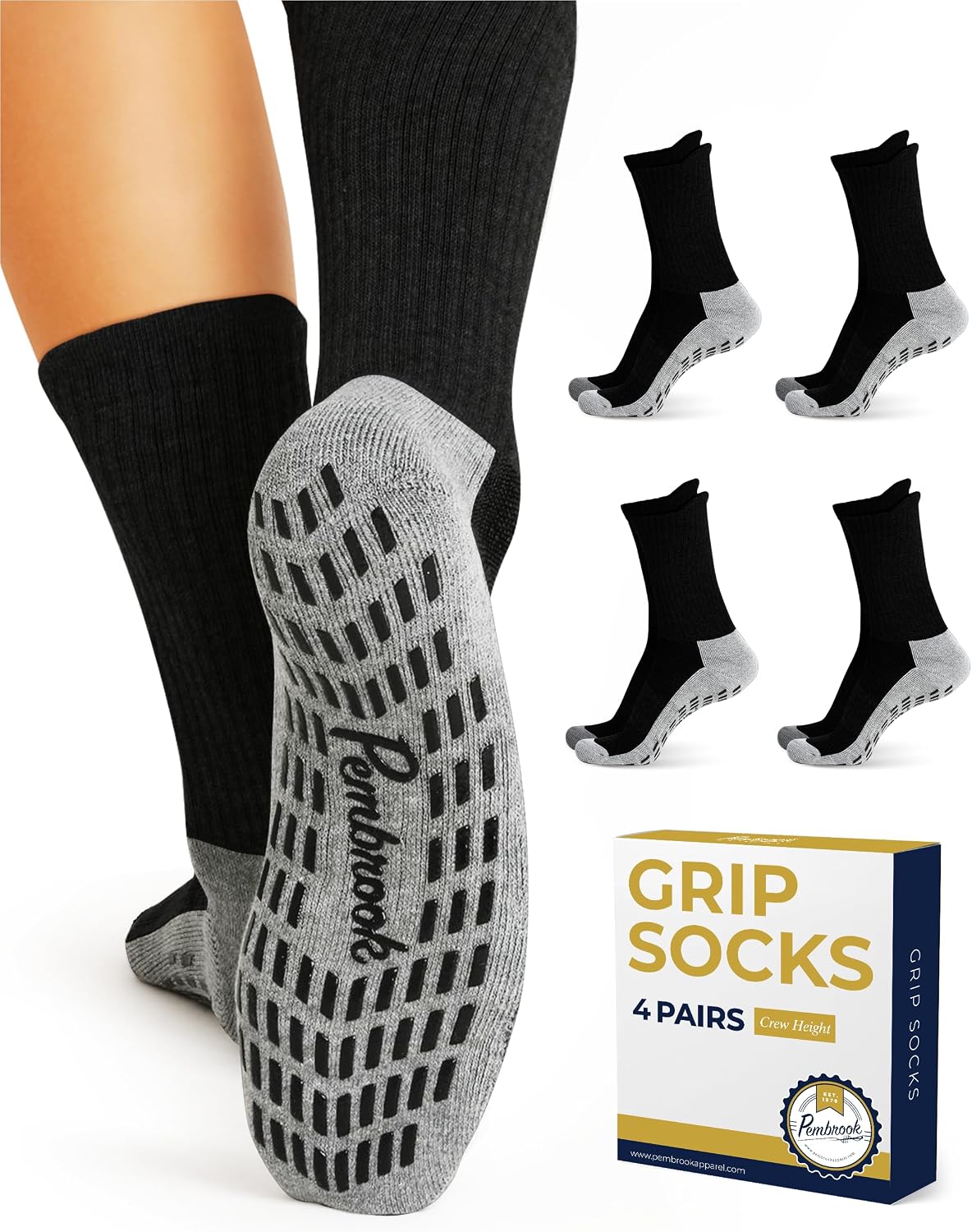 Pembrook 4 Pairs Crew Non Slip Socks - Gripper Socks for Men Women Husband Dad | Grippy Socks for Hospital Yoga Pilates Barre