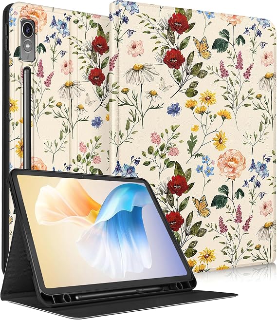 for Lenovo P12 Case, for Lenovo Xiaoxin Pad Pro 12.7" Case Girls Women Cute Pretty Folio Cover with Pencil Holder, Auto Week/Sleep Design for Lenovo Tab P12 Case 12.7 Inch 2023, Flora