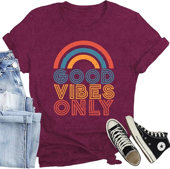 Good Vibes Shirts Women Vintage Rainbow Good Vibes Only T-Shirt Casual Inspirational Positive Quote Tee Tops