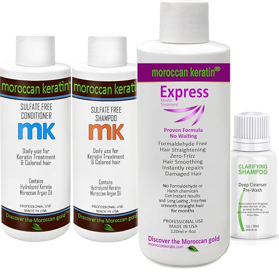 Express Keratin Hair Treatment System Formaldehyde Free Sin Formol Formula Instant Results 480ml Set with Clarifying Shampoo, Sulfate-Free Shampoo and Conditioner