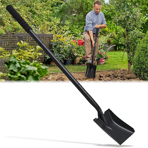 Small Square Point Garden Metal Shovels, 43.3" Long Handled Small Flat Head Garden Spade Shovel for Digging Planting Trenching Landscaping Outdoor Camping & Kids Sand Digging, Black