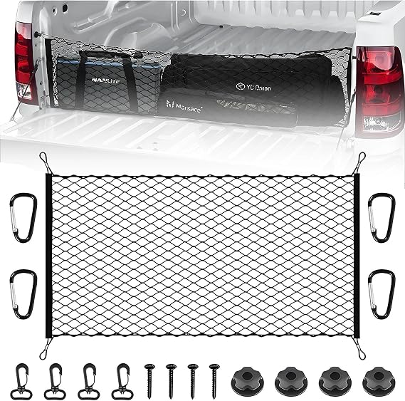 Cargo Net, 110 x 60cm Adjustable Elastic Nylon Storage Net, Single-Layer Luggage Fixed Storage, With 4 Mountain Buckles, Used For Car, Rv, Suv, Pickup Truck (Black)