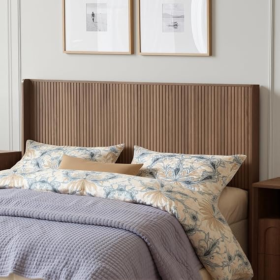 FORTUNETEC 64.1" Queen Size Wood Headboard, Fluted Panel Headboard, Walnut