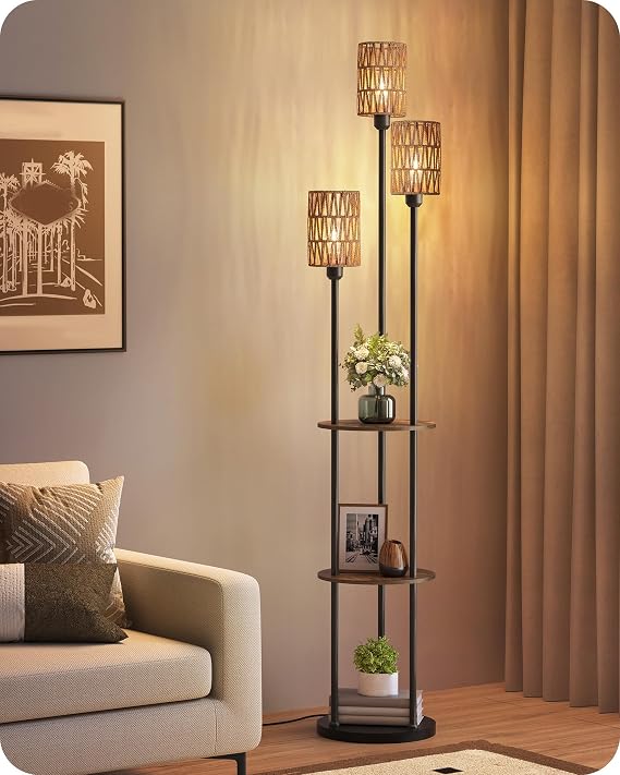 Rattan Floor Lamp with Shelves, Boho for Living Room | Rustic Brown and Yellow, Vintage Wood Shelf, Standard Standing Tall Lamp, Foot Switch, 3-Light for Bedroom, Study [Energy Class F]