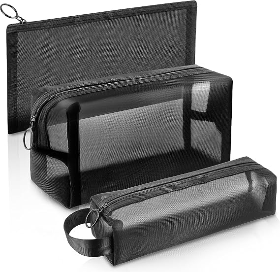 Mesh Pencil Case 3 Pack Clear Pencil Pouch, Pencil Bag, Cosmetic Toiletry Bag for Purse, College Essentials School Supplies (Black)