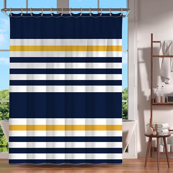 YAXI Navy Blue Yellow and White Stripes Pattern Shower Curtain Water Repellent Fabric Shower Curtains for Bathroom 72x72 inches Modern Shower Curtain Set with 12 Hooks