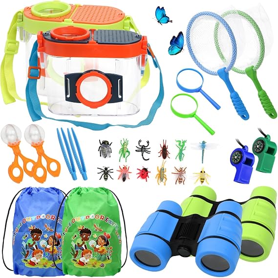 Mototo 2 Sets Bug Catching Kit Bug Catcher Container Boxes Magnifying Glass with Butterfly Net Insect Clamp Binoculars Insect Whistle Nature Outdoor Adventure Explorer Kit