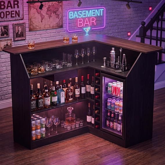67/53 L Shaped Home Bar Unit with Fridge Space, Bar Cabinets for Home with LED Strip, Basement Bar Table with Stemware Racks & Drawer, Bar Furniture for Home (Black & Walnut)