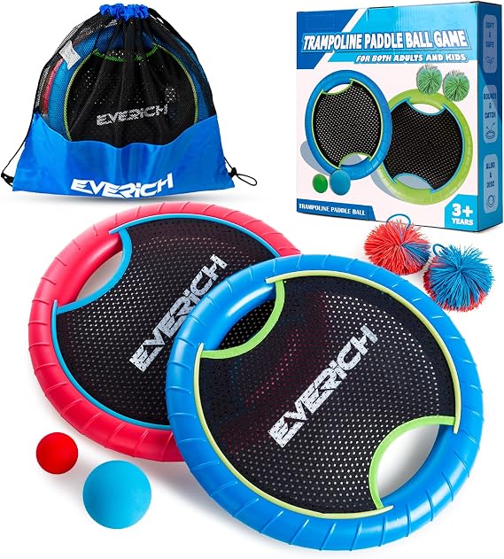 EVERICH TOY Bouncy Paddle Ball Game for Kids with EVA Foam Trampoline Paddles and Balls, Stringy Ball Toss and Catch Set for Indoor Outdoor Beach Pool Backyard Play, Flying Disc Gift for Boys & Girls