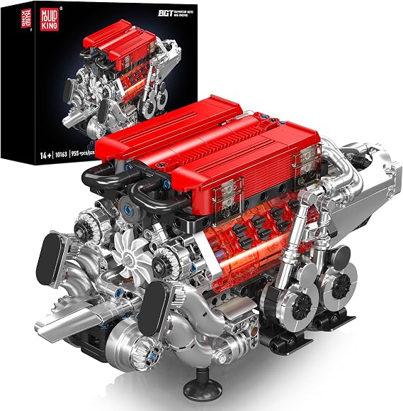 Mould King W16 Engine Building Blocks Set, 10163 Combustion Engine Model that Runs, Mini Engine Build Kit for Adults with Battery and Motor, Engineering Construction STEM Toy (952 Pcs)