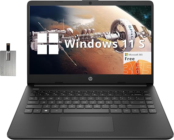 HP Stream 14" HD BrightView Laptop, Intel Celeron N4120, 16GB RAM, 256GB Storage (128GB eMMC + 128GB USB Card), Intel UHD Graphics, HD Camera, Fast Charge, 1 Year Office 365, Win 11 S, Black