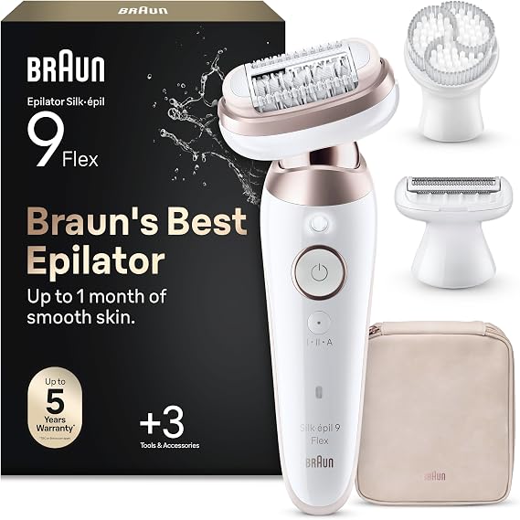 Braun Silk-épil 9 Flex Women's Electric Epilator with 360° Flexible Head for Easy Epilation, Wet & Dry, Long Smooth Skin, 9-060 3D, White/Pink