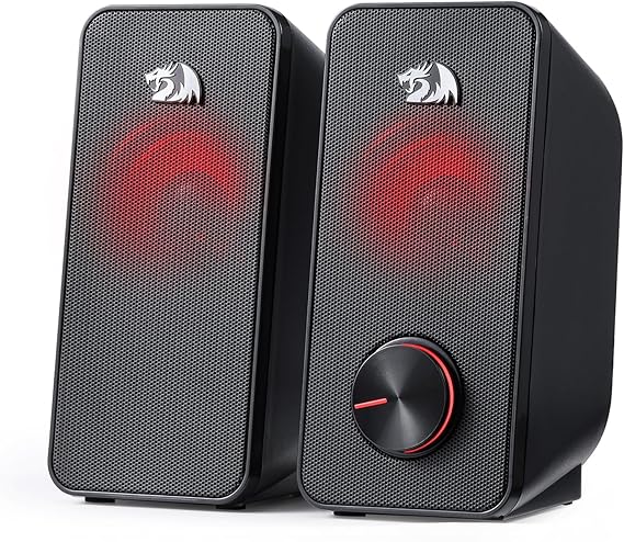 Redragon GS500 Stentor PC Gaming Speaker, 2.0 Channel Stereo Desktop Computer Speaker with Red Backlight, Quality Bass and Crystal Clear Sound, USB Powered with a 3.5mm Connector