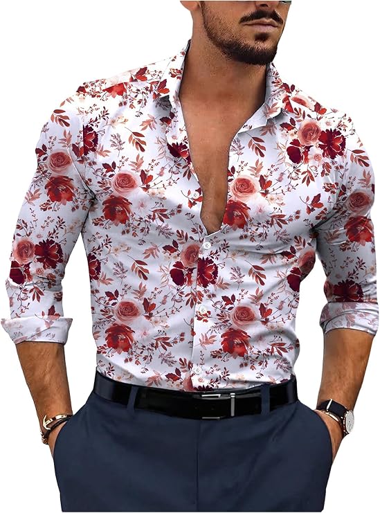 VIPWOLF Men's Floral Dress Shirts Collared Long Sleeve Button Down Blouses
