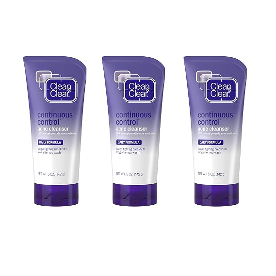 Clean & Clear Continuous Control Benzoyl Peroxide Acne Face Wash with 10% Benzoyl Peroxide Acne Treatment, Daily Facial Cleanser with Acne Medicine to Treat and Prevent Acne, 5 oz (Pack of 3)