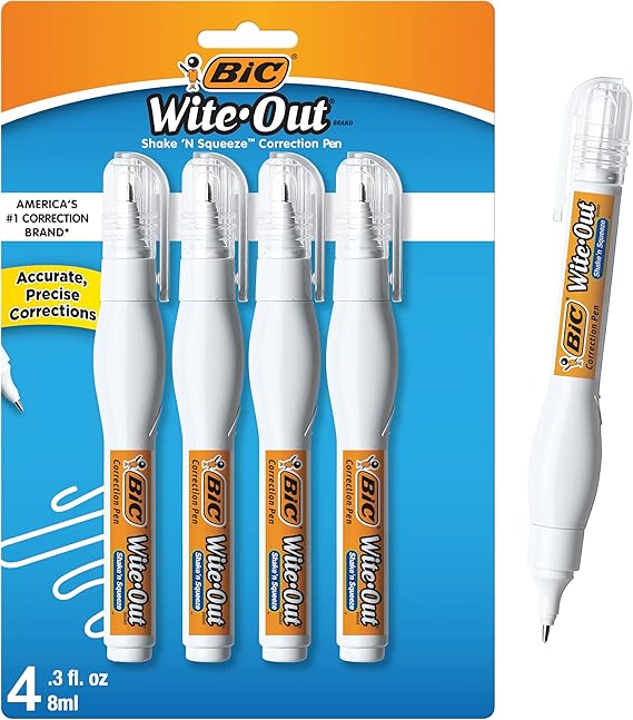 BIC Wite-Out Brand Shake n Squeeze Correction Pen, 8 ML, 4-Count