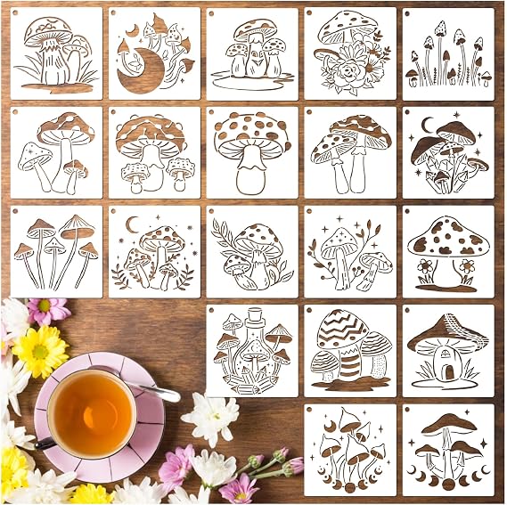 20 Pieces Mushrooms Stencils Template, Reusable Boho Mushroom Moon Flowers Stencils for Painting on Wood, Canvas, Tile, Scrapbook, Fabric, Pillows Decorations DIY Craft Projects (20pcs Mushroom 5.1)