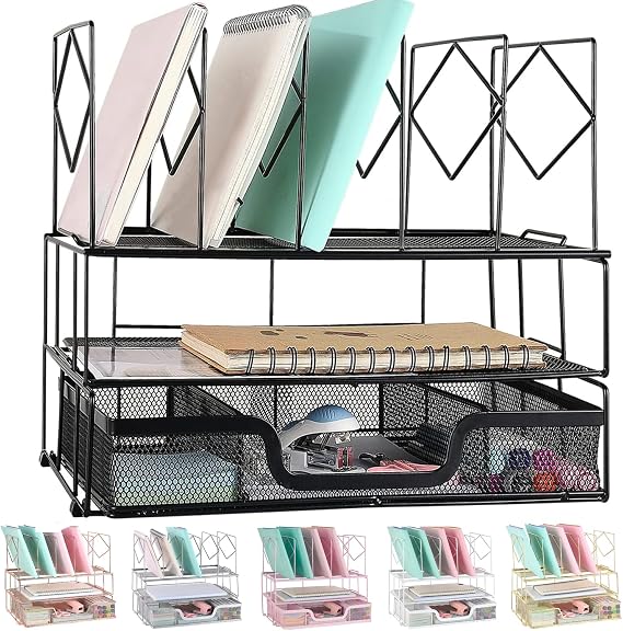 gianotter Desk Organizers and Accessories, Office Supplies Desk Organizer with Sliding Drawer, Double Tray and 5 Upright Sections (Black)