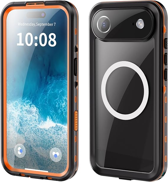 Waterproof Case for iPhone 17 Air, IP68 & MagSafe Compatible | Orange shockproof silicone, built-in screen protector, wireless charging, focus slider, perfect for pools & beaches