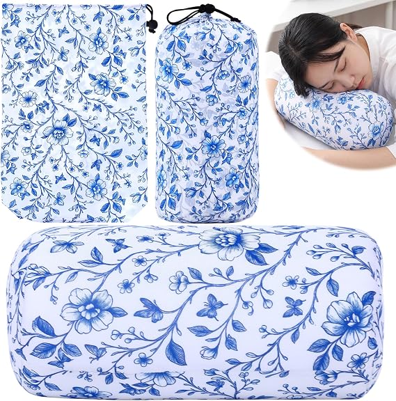 Novabright Micro Bead Neck Pillow with Storage Bag 12" x 6" Ice Silk Roll Pillow Soft Tube Support Bolster for Summer Sleeping Surgery Recovery Travel Chair Sleeping Car Seat, Airplane(Blue Flowers)