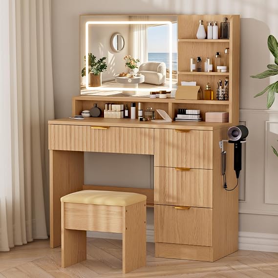 LIVELYGLOW 35.4" Wooden Makeup Vanity Set with Charging Station & Stool