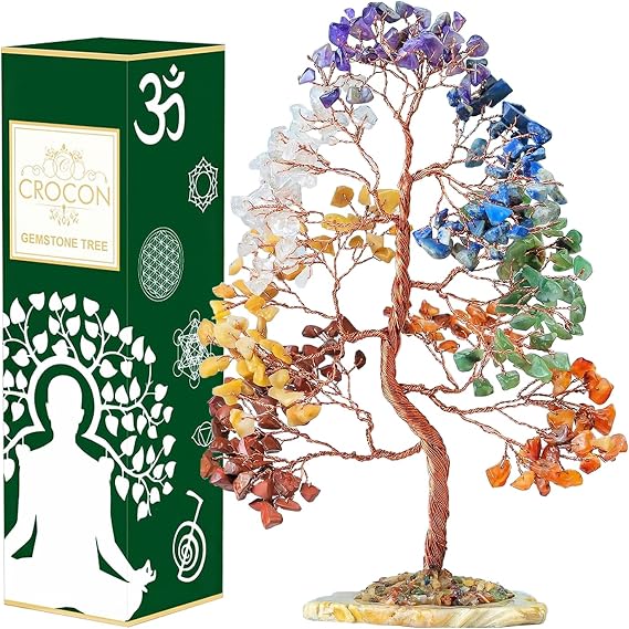 Crocon 7 Chakra Tree of Life Spiritual Wisdom, Agate Slice Base, Handmade
