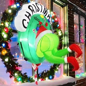 Inflatable Christmas Decorations Outdoor 3.5FT Blow Up Santa Green Giant Monster Wreath Yard Inflatables Funny Lighted Up Window Door Blowups Xmas Winter Holiday Decor for Outside Vacation Lawn