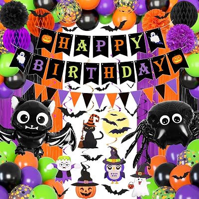 Ouddy Life 96 Pcs Halloween Birthday Party Decorations, Happy Birthday Banner, Spider Bat Foil Balloons, Honeycomb Balls, Paper Pompoms, Hanging Swirl, Fringe Curtain, Halloween Theme Party Supplies
