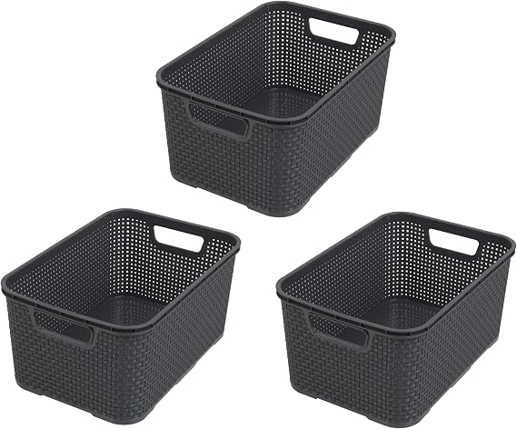 BranQ Home Essential Plastic Basket in Rattan Design Set of 3 Size S 7 L Anthracite