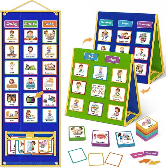 Large Visual Schedule for Kids Chore Reward Chart,Bedtime Routine Chart for Toddlers,Double Side Weekly Planner Board With 109 Cards for Home School Planner,Autism Learning Materials.