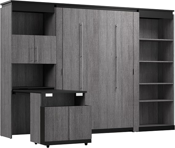 Bestar Full Murphy Bed with Storage Cabinet, Bark Grey, Orion, 120W