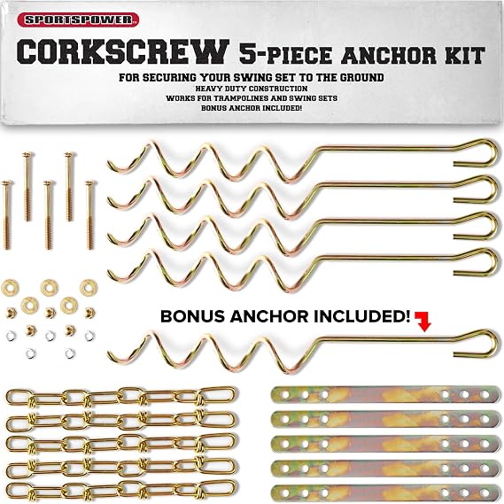 Sportspower MSC-5672 Deluxe Corkscrew 5-Piece Metal Ground Anchor Hardware Kit for Swing Sets and Trampoline - Gold