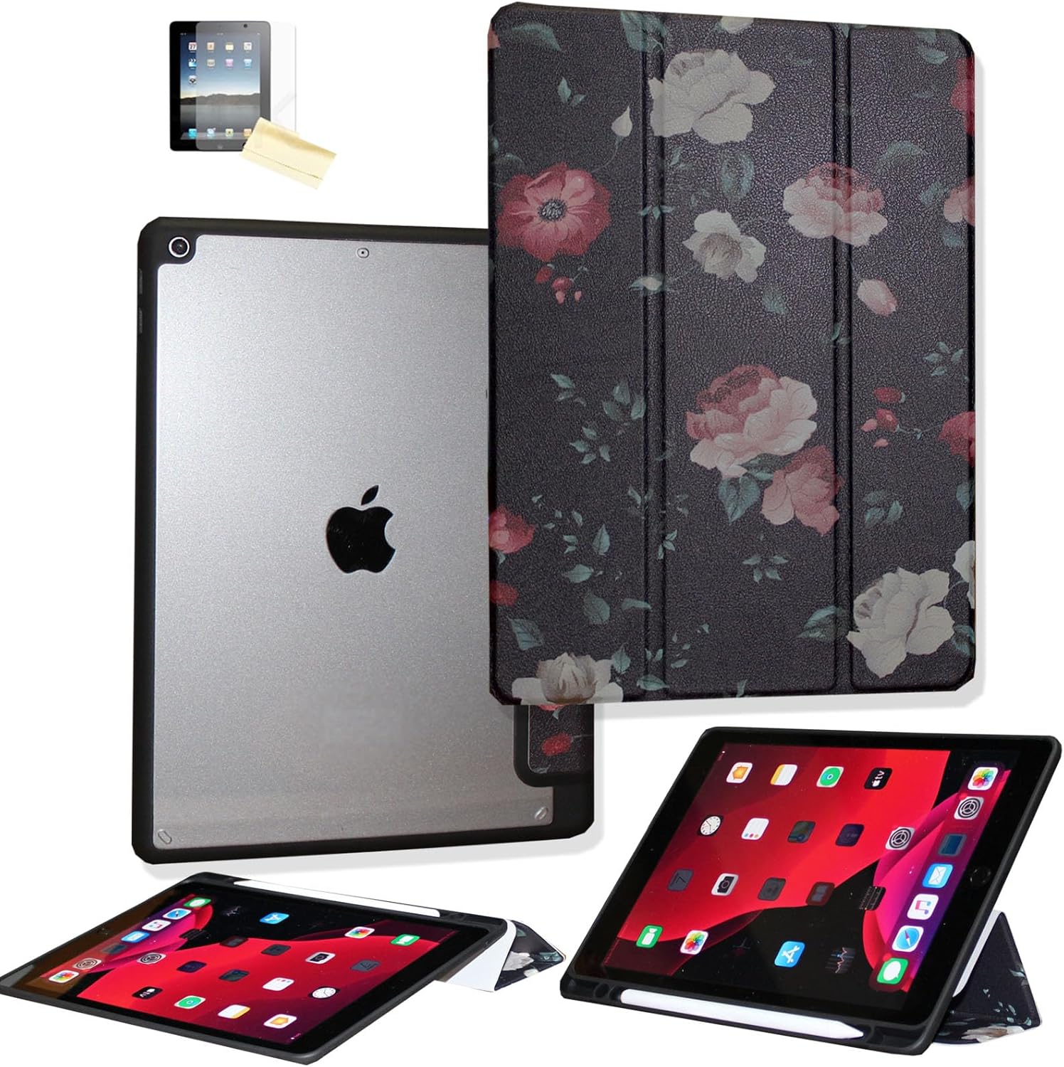 Shockproof Case for iPad 9th 8th 7th Generation 10.2 Inch, Smart Cover Transparent Clear Back Shell for A2602 A2603 A2604 A2270 A2428 A2429 A2200 A2198 Flower Black