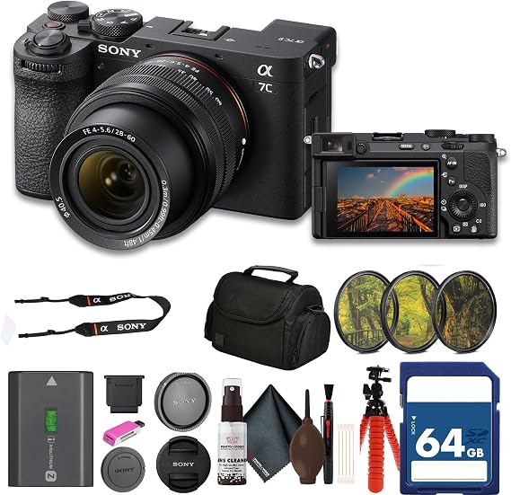 Sony a7C II Mirrorless Camera with 28-60mm Lens (ILCE-7CM2L/B) + 64GB Card + Filter Kit + Bag + Card Reader + Flex Tripod + Cleaning Kit