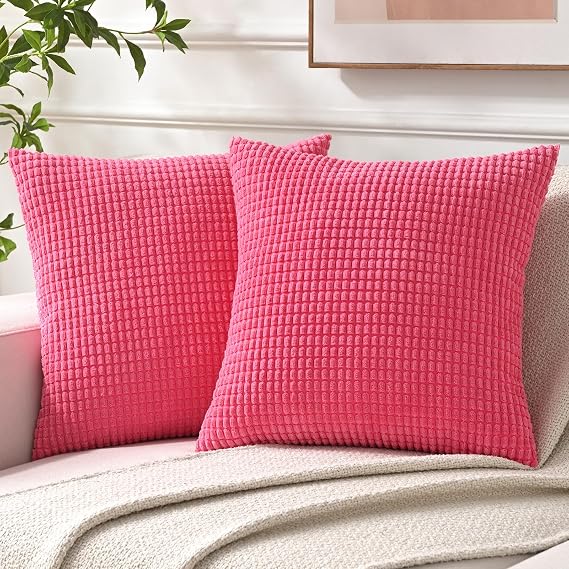 Corduroy Throw Pillow Covers 20x20 Soft Decorative Pillow Covers Plain Square Throw Pillows for Couch Bed Sofa Pack of 2 (20 x 20 in, Hot Pink)