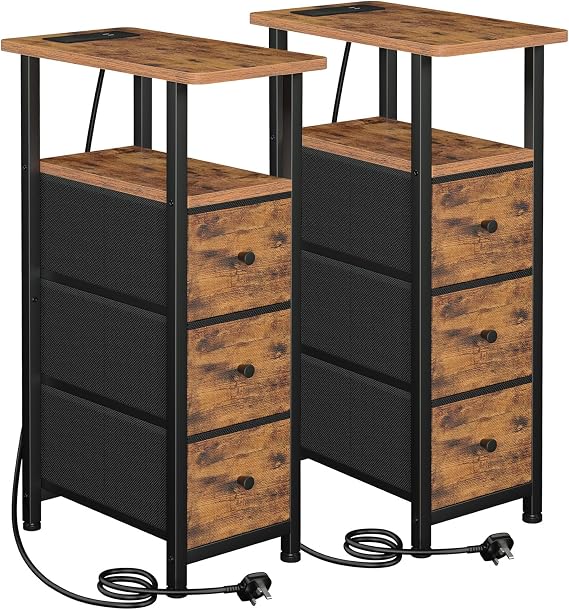 LOAKEKEL Narrow Bedside Table Set of 2, Slim Side Table for Bedroom | Bed Side Table Living Room with Charging Station, Sofa Table with 3 Fabric Drawers, Small Nightstand for Small Spaces, Brown