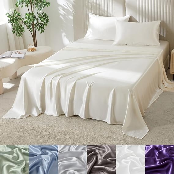 100% Mulberry Silk 22 Momme 4-Piece Bed Sheet Set - 16" Pocket - Ivory/Full