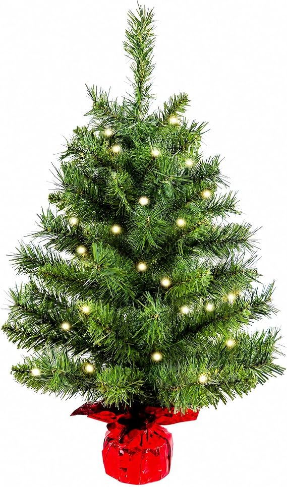 Pre-Lit 2ft Small Christmas Tree, Mini Tabletop Xmas Tree | 2ft Pre-Lit Tabletop Tree, Mini realistic pine with 50 lights, battery-operated & perfect for festive desk decor